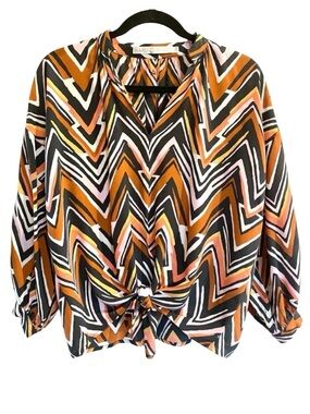 Marie Oliver Silk Chevron Tie Front Blouse XS Boho Multicolor